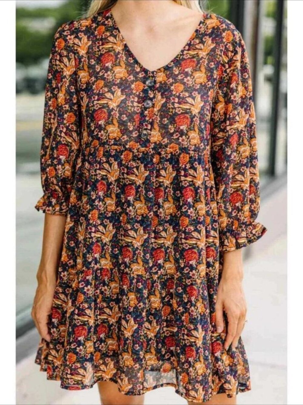Umgee Floral Drop Waist Tunic Dress Cottagecore Babydoll Feminine Autumn Fall
